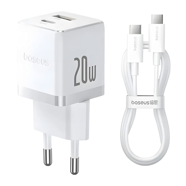 Зарядний пристрій Baseus 1xUSB-C 20W + 1xUSB white + cable USB-C to USB-C 60W 1.0m (P10111608213-01) - фото 1