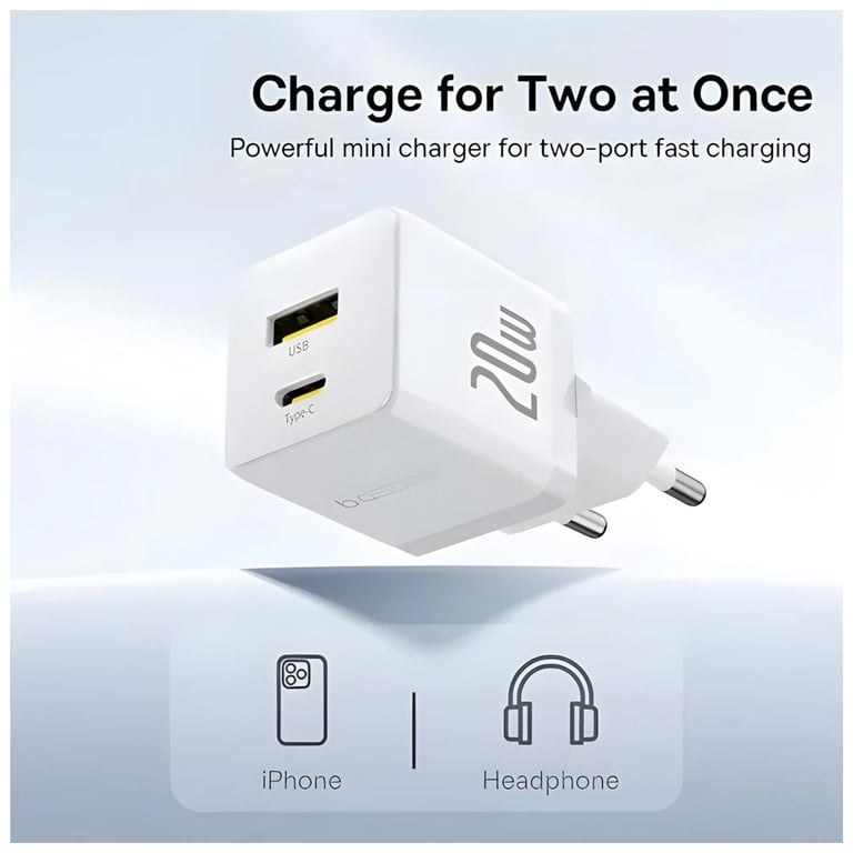 Зарядний пристрій Baseus 1xUSB-C 20W + 1xUSB white + cable USB-C to USB-C 60W 1.0m (P10111608213-01) - фото 8