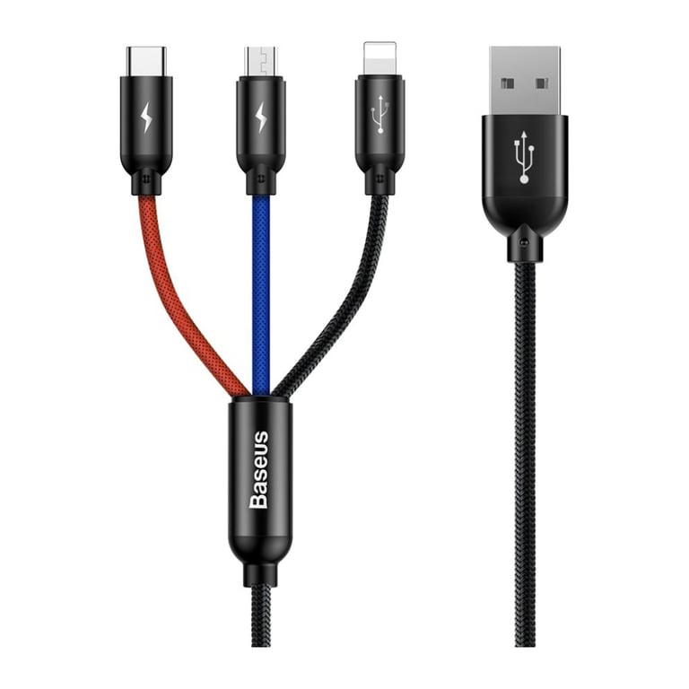 Дата кабель USB 2.0 AM to Lightning + Micro 5P + USB-C 1.2m 5A black Baseus (CAMLT-BSY01) - фото 1
