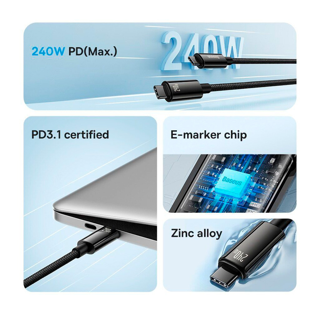 Дата кабель USB-C to USB-C 2.0m 240W Black Baseus (CAWJ040101) - фото 9 Дата кабель USB-C to USB-C 2.0m 240W Black Baseus (CAWJ040101) - фото 9