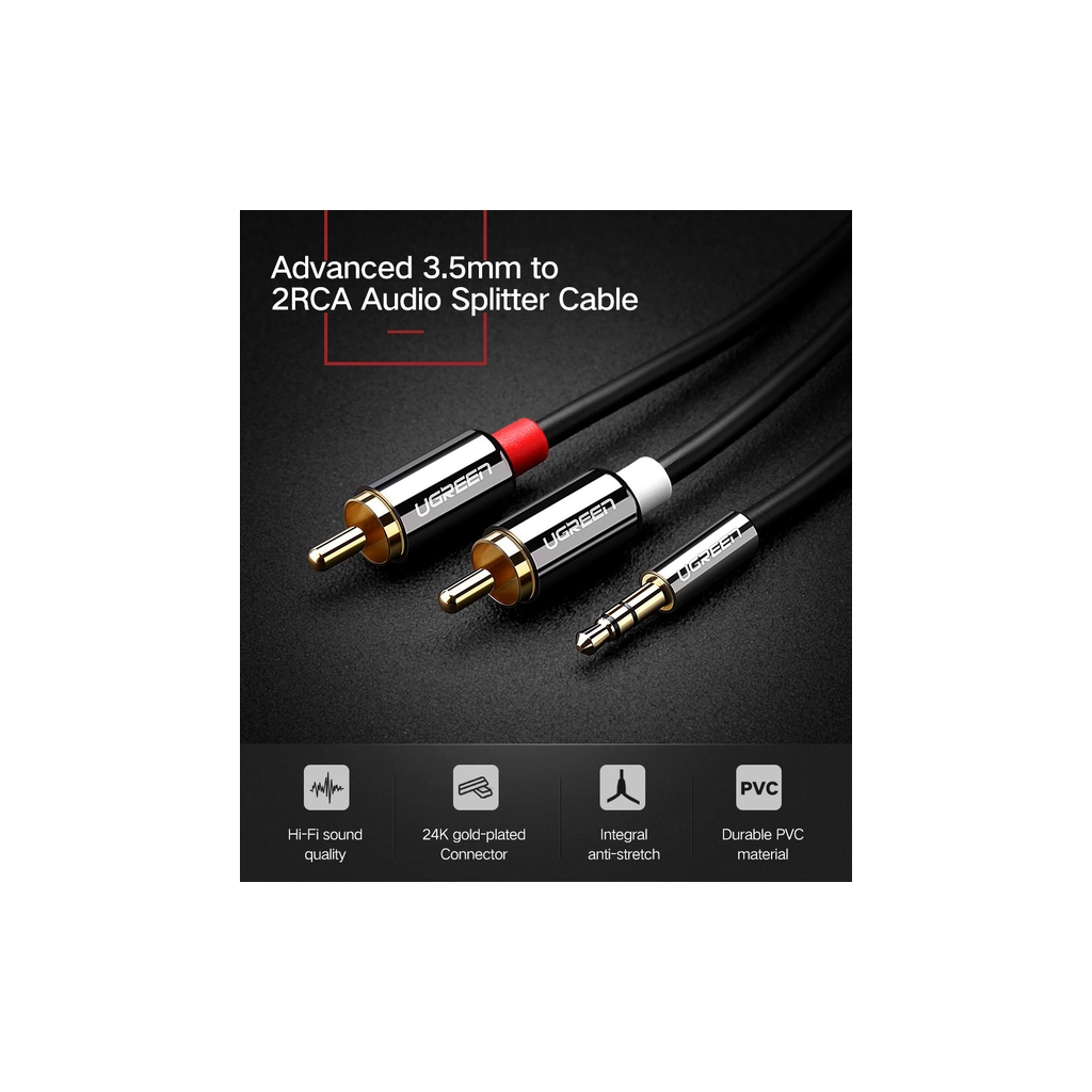 Кабель мультимедійний 3.5mm M to 2xRCA M 2.0m AV116 black UGREEN (10584) - фото 2 Кабель мультимедійний 3.5mm M to 2xRCA M 2.0m AV116 black UGREEN (10584) - фото 2