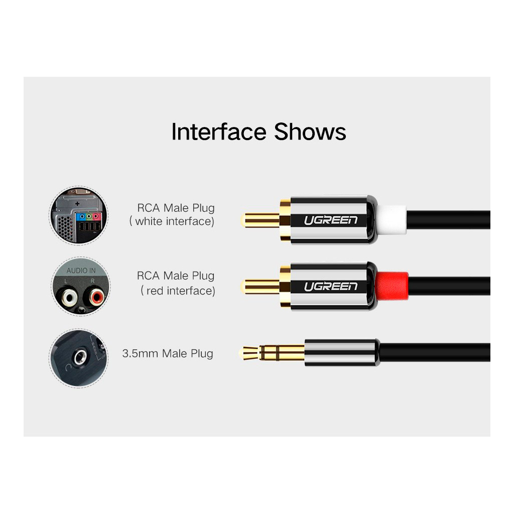 Кабель мультимедійний 3.5mm M to 2xRCA M 3.0m AV116 black Ugreen (10590) - фото 11 Кабель мультимедійний 3.5mm M to 2xRCA M 3.0m AV116 black Ugreen (10590) - фото 11