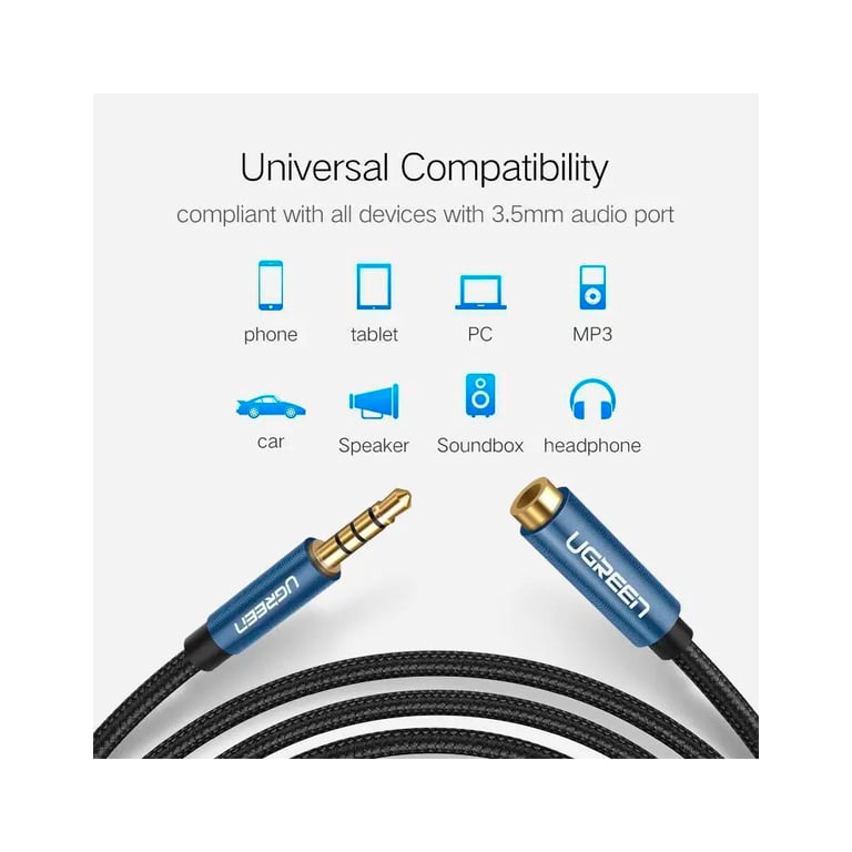 Кабель мультимедійний 3.5mm M to 3.5mm F 1.0m AV118 blue Ugreen (40673) - фото 6