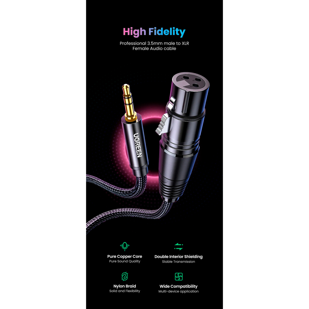 Кабель мультимедійний 3.5mm M to XLR F 2.0m AV182 black Ugreen (20244) - фото 3 Кабель мультимедійний 3.5mm M to XLR F 2.0m AV182 black Ugreen (20244) - фото 3