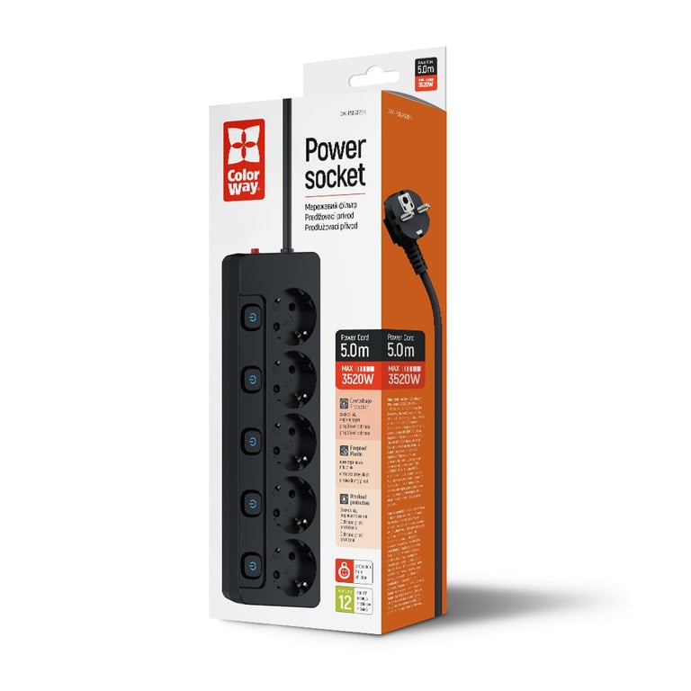 Мережевий фільтр живлення ColorWay CW-PSEA55SBK 5 розеток5м (CW-PSEA55SBK) - фото 5