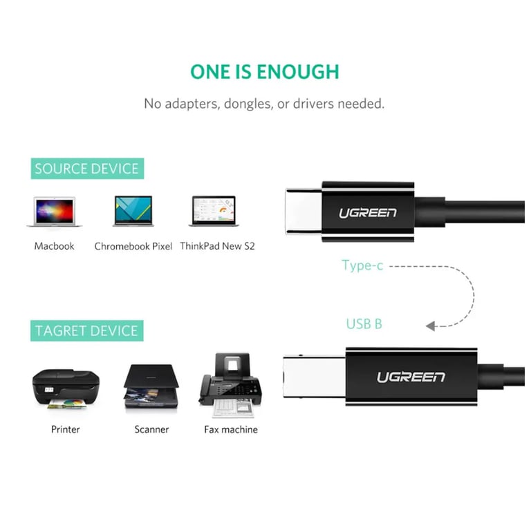 Кабель для принтера USB-C 2.0 to BM 2.0m US241 black Ugreen (50446) - фото 6