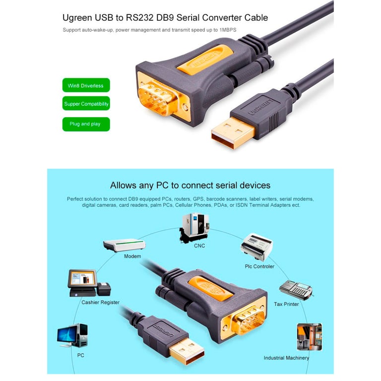 Кабель для передачі даних USB to COM M 1.5m DB9 RS-232 CR104 black Ugreen (20211) - фото 8