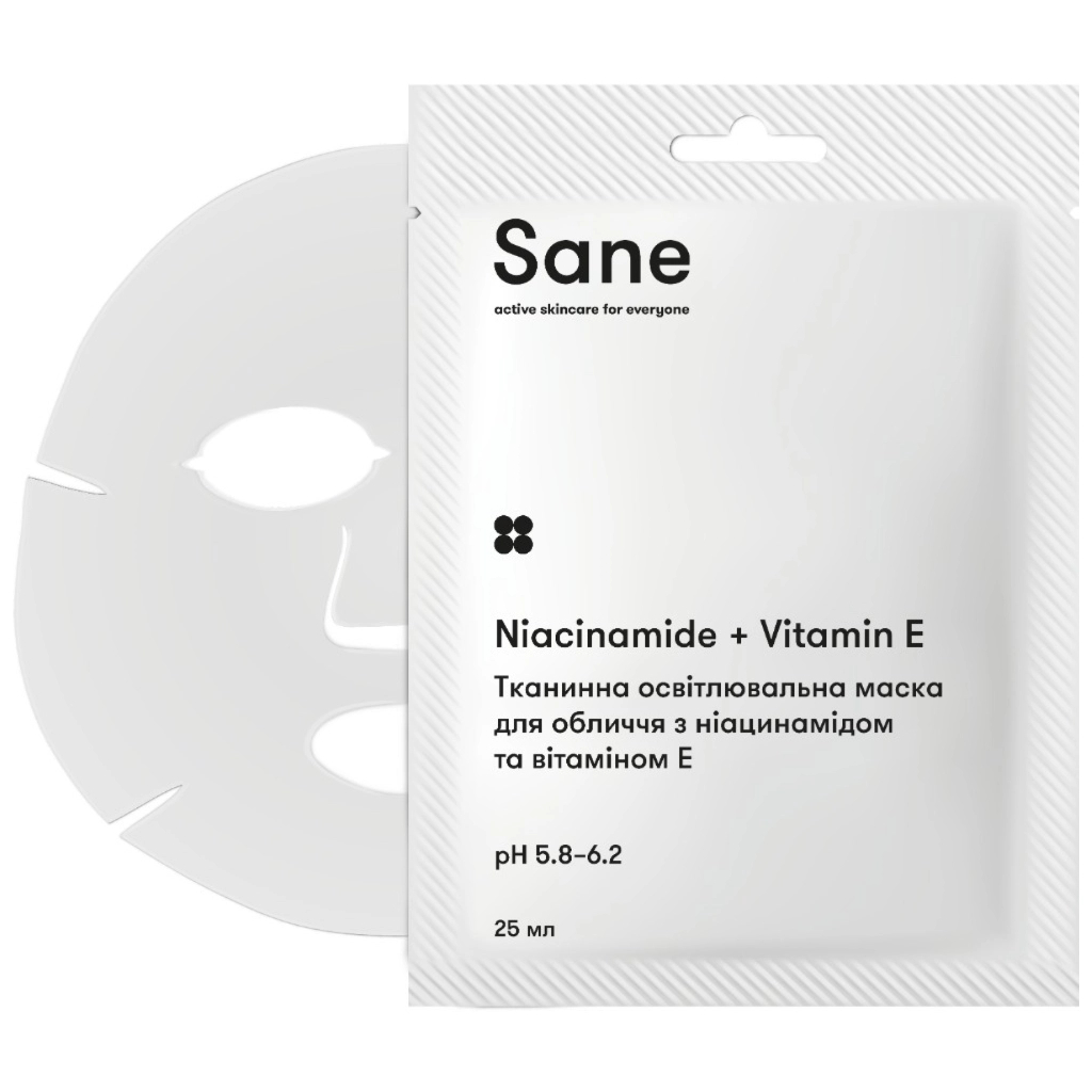 Маска для обличчя Sane Тканинна освітлювальна З ніацинамідом та вітаміном Е 25 мл (4820266831561) Маска для обличчя Sane Тканинна освітлювальна З ніацинамідом та вітаміном Е 25 мл (4820266831561)