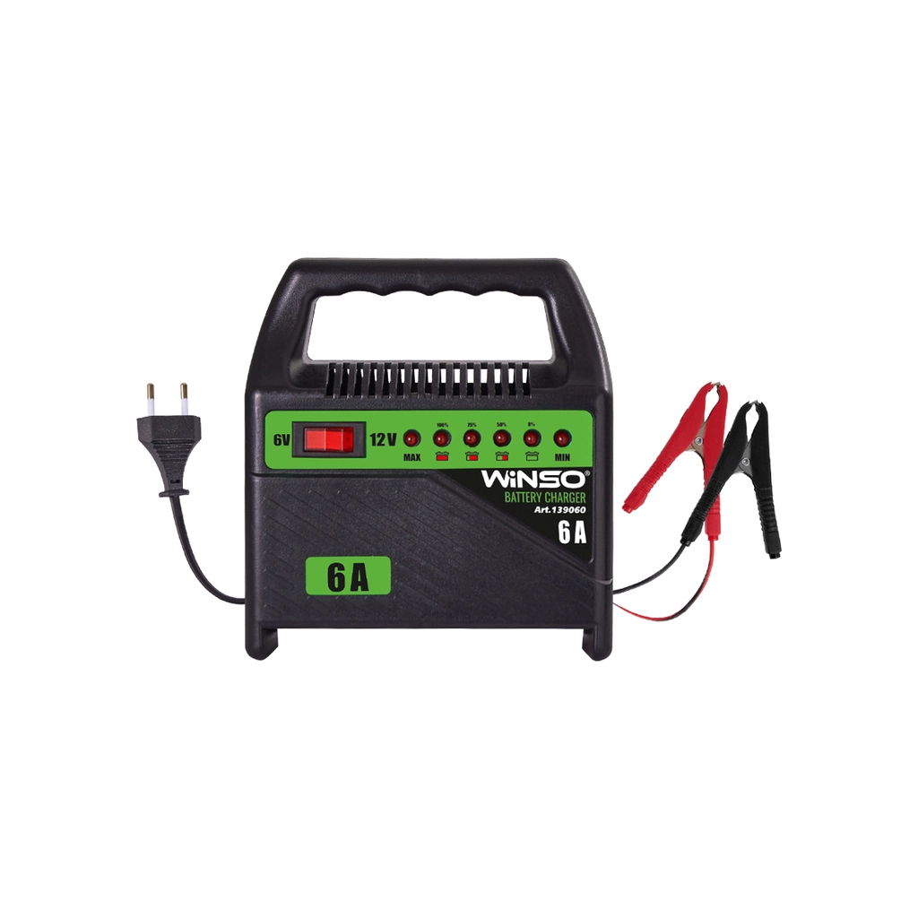 Зарядний пристрій для автомобільного акумулятора WINSO 6В-12В.Макс.струм підзарядки 6А.Макс.Ем 80Ah (139060) Зарядний пристрій для автомобільного акумулятора WINSO 6В-12В.Макс.струм підзарядки 6А.Макс.Ем 80Ah (139060)