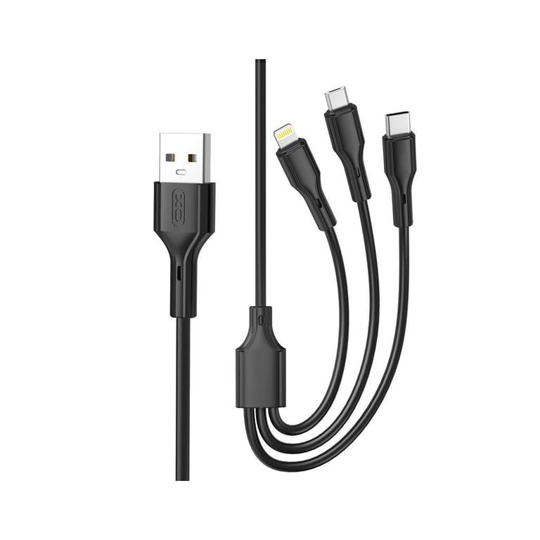 Дата кабель USB 2.0 AM to Lightning + Micro 5P + USB-C 3A black XO (CB-23U3-BK) - фото 1