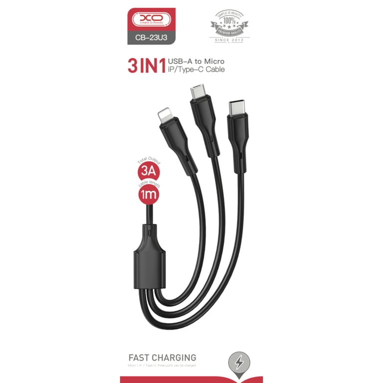 Дата кабель USB 2.0 AM to Lightning + Micro 5P + USB-C 3A black XO (CB-23U3-BK) - фото 2