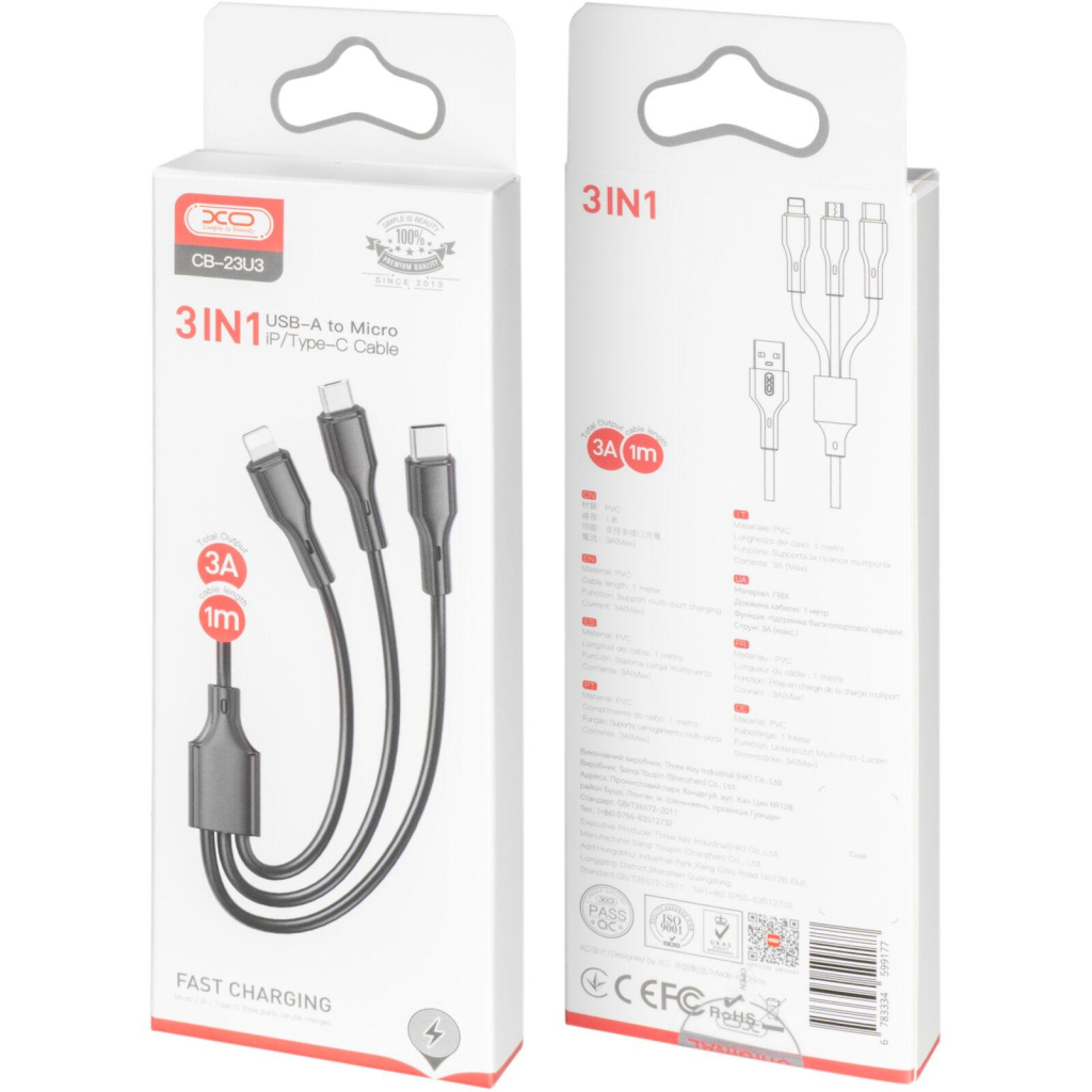 Дата кабель USB 2.0 AM to Lightning + Micro 5P + USB-C 3A black XO (CB-23U3-BK) - фото 3 Дата кабель USB 2.0 AM to Lightning + Micro 5P + USB-C 3A black XO (CB-23U3-BK) - фото 3