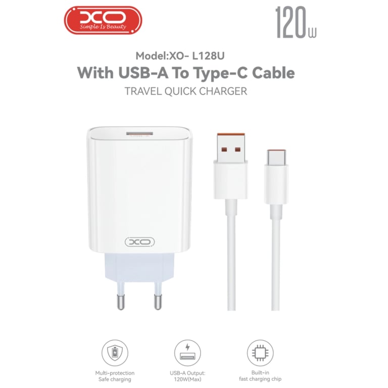 Зарядний пристрій XO USB 120W + cable USB to USB-C white (XO-L128U) - фото 2
