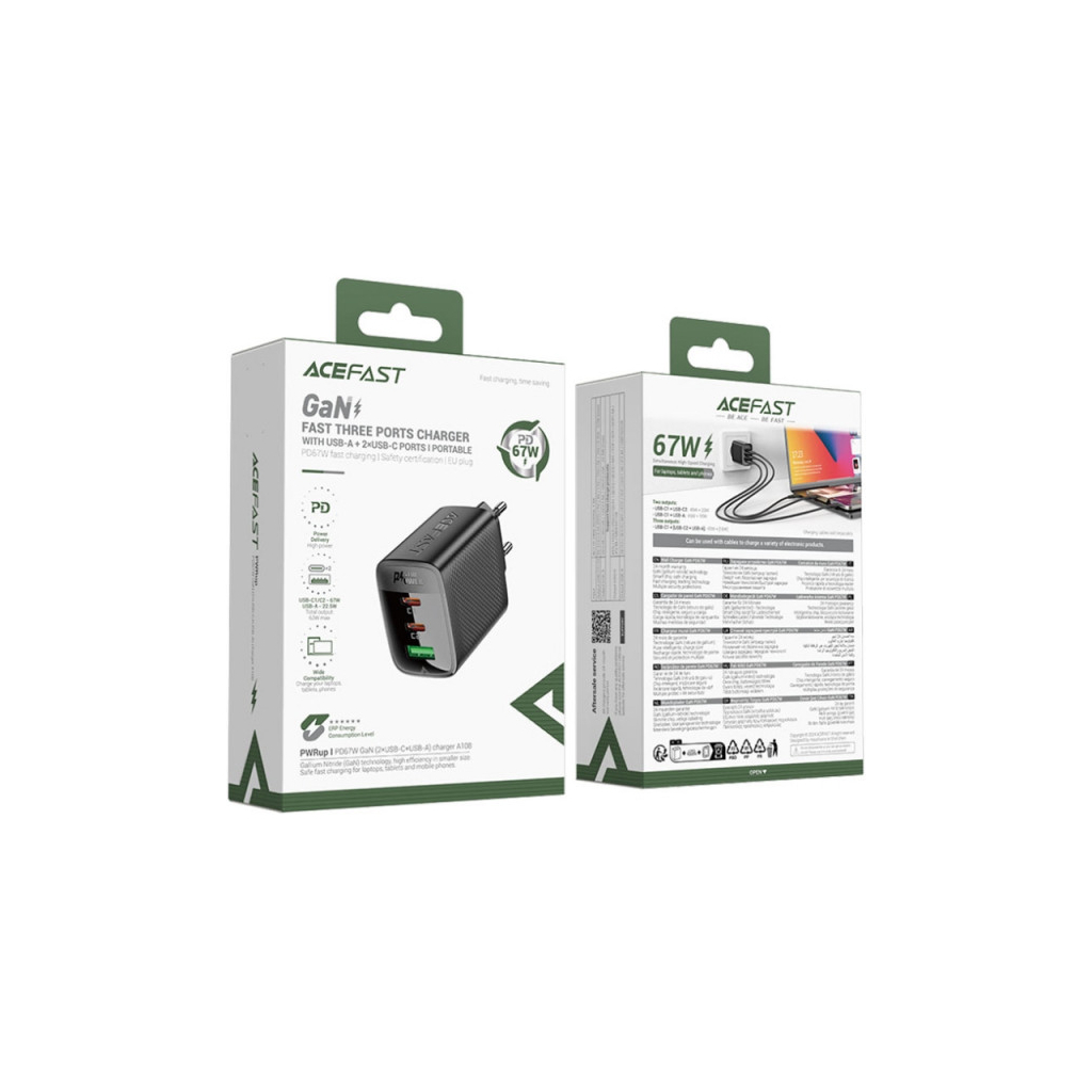 Зарядний пристрій Acefast 2xUSB-C + 1xUSB 67W GaN black (6974316284048) - фото 5 Зарядний пристрій Acefast 2xUSB-C + 1xUSB 67W GaN black (6974316284048) - фото 5