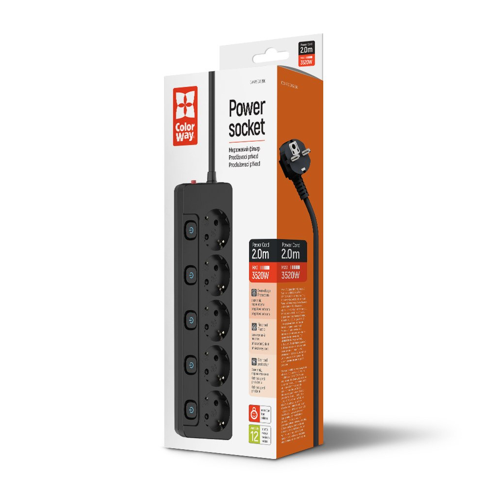 Мережевий фільтр живлення ColorWay CW-PSEA52SBK 5 розеток2м (CW-PSEA52SBK) - фото 5 Мережевий фільтр живлення ColorWay CW-PSEA52SBK 5 розеток2м (CW-PSEA52SBK) - фото 5