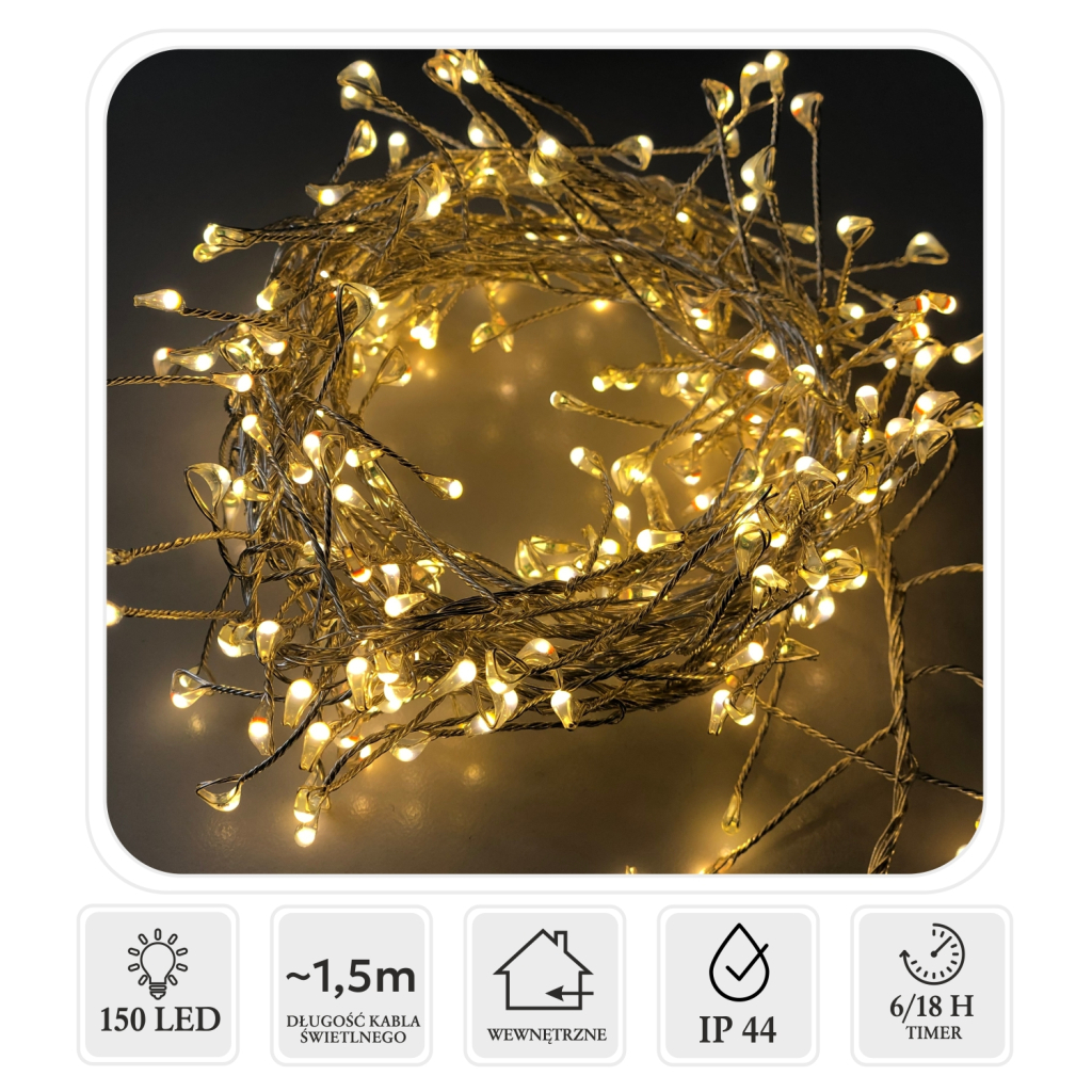 Гірлянда Chomik Кластер 150 LED 1,5м, теплий білий, 3АА (5900779901803) - фото 2 Гірлянда Chomik Кластер 150 LED 1,5м, теплий білий, 3АА (5900779901803) - фото 2
