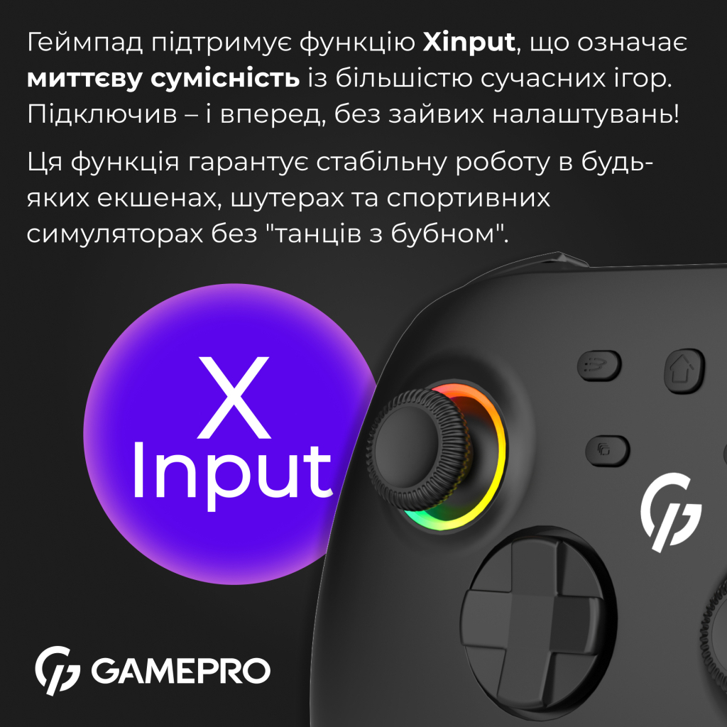 Геймпад GamePro із зарядною станцією BT 5.3/USB/2.4 ГГц (Switch/PC/iOS/Android) RGB Black (GPX13BDOC) - фото 12 Геймпад GamePro із зарядною станцією BT 5.3/USB/2.4 ГГц (Switch/PC/iOS/Android) RGB Black (GPX13BDOC) - фото 12
