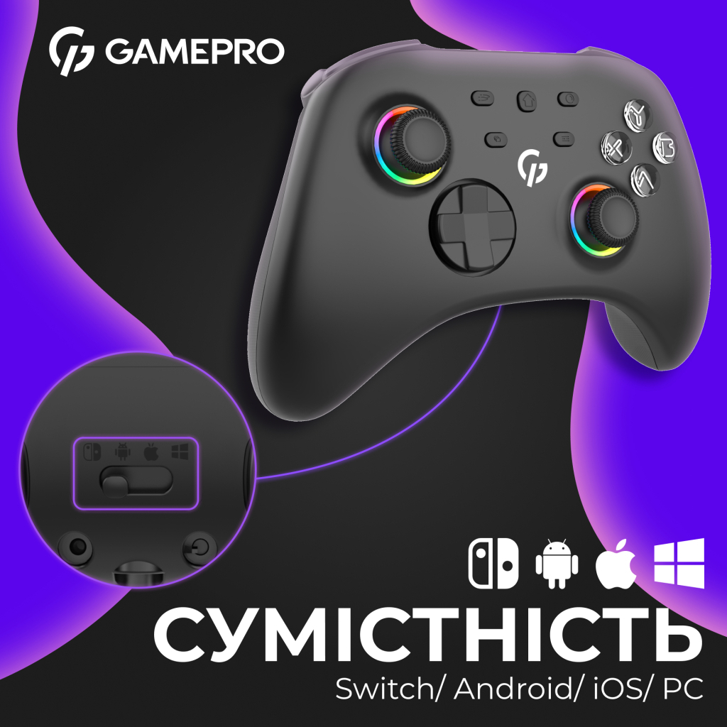 Геймпад GamePro із зарядною станцією BT 5.3/USB/2.4 ГГц (Switch/PC/iOS/Android) RGB Black (GPX13BDOC) - фото 5 Геймпад GamePro із зарядною станцією BT 5.3/USB/2.4 ГГц (Switch/PC/iOS/Android) RGB Black (GPX13BDOC) - фото 5
