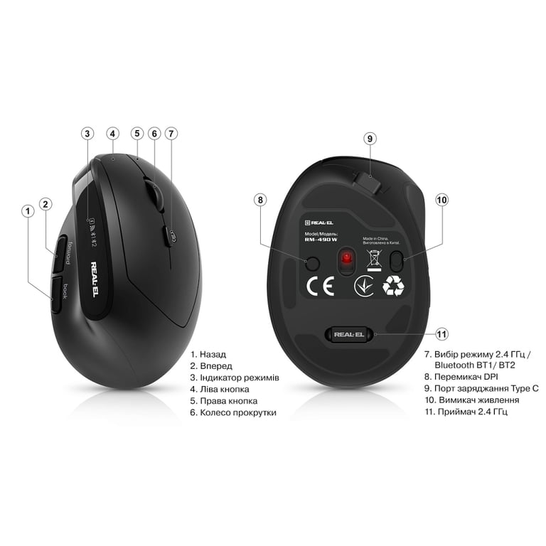 Мишка REAL-EL RM-490W Wireless/Bluetooth Black (EL123200058) - фото 10