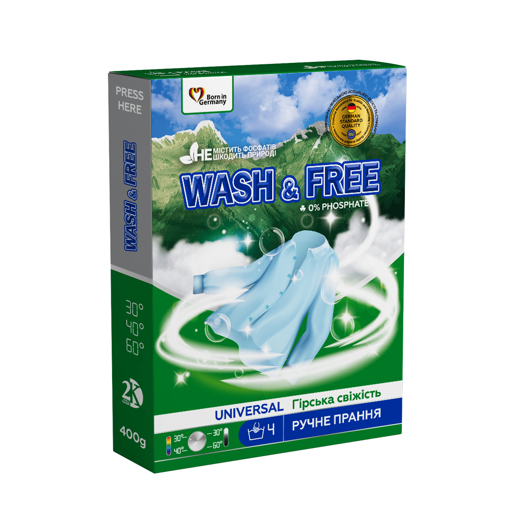 Пральний порошок Wash&Free Universal Гірська свіжість Для ручного прання 400 г (4262396143334)