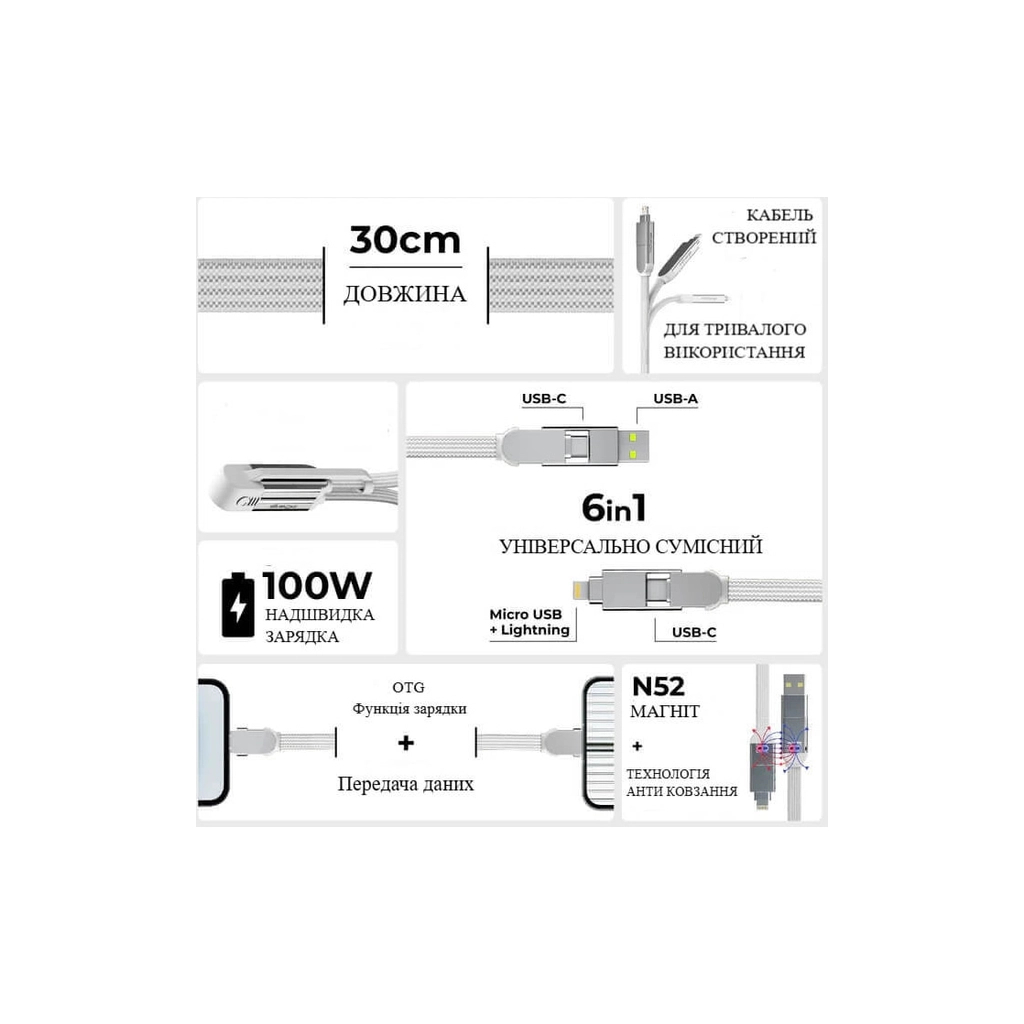 Дата кабель 6in1 inCharge XL 0.3m white Rolling Square (XLS02R) - фото 2 Дата кабель 6in1 inCharge XL 0.3m white Rolling Square (XLS02R) - фото 2