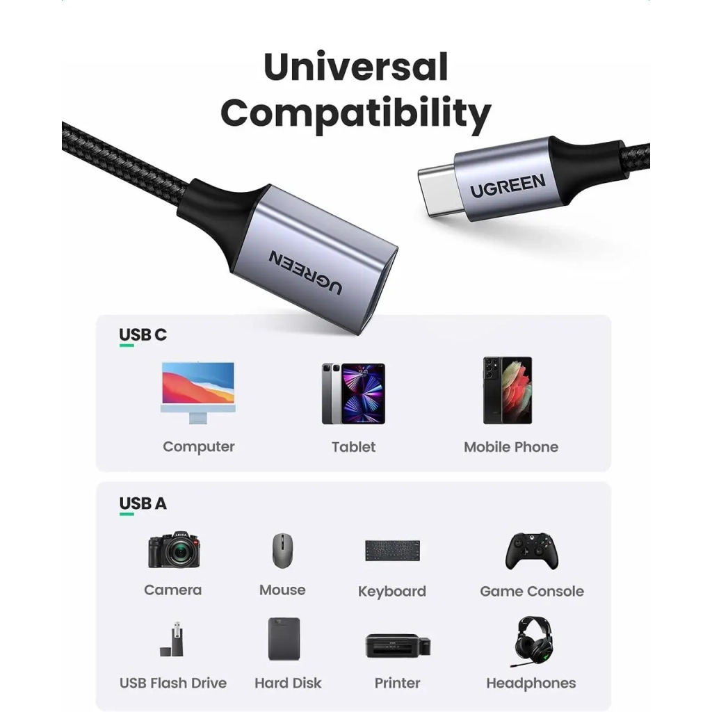 Перехідник OTG USB 3.0 AF to USB-C 0.1m US378 black Ugreen (70889) - фото 4 Перехідник OTG USB 3.0 AF to USB-C 0.1m US378 black Ugreen (70889) - фото 4