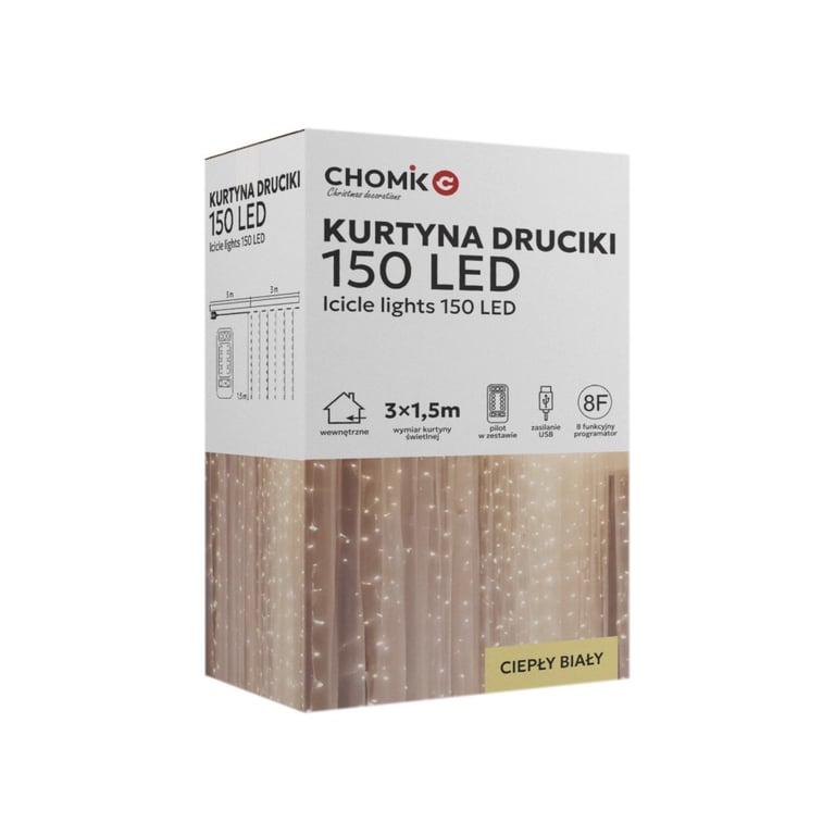 Гірлянда Chomik Штора" 150 LED теплий білий, 3x1,5 м, USB, з пультом, IP20, від мережі (5900779898479) - фото 1