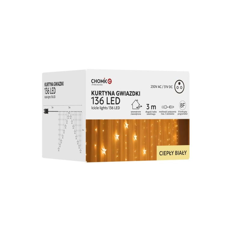 Гірлянда Chomik Штора зірки 136 LED теплий білий, 3 м, від мережі (5900779880030) - фото 1