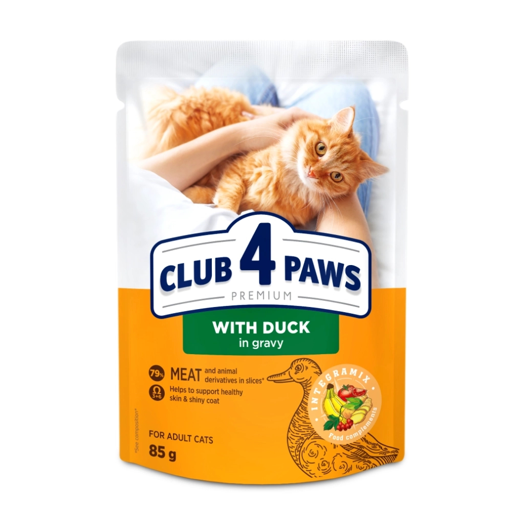 Вологий корм для кішок Club 4 Paws з качкою у соусі 85 г (4820269142503) - фото 1 Вологий корм для кішок Club 4 Paws з качкою у соусі 85 г (4820269142503) - фото 1