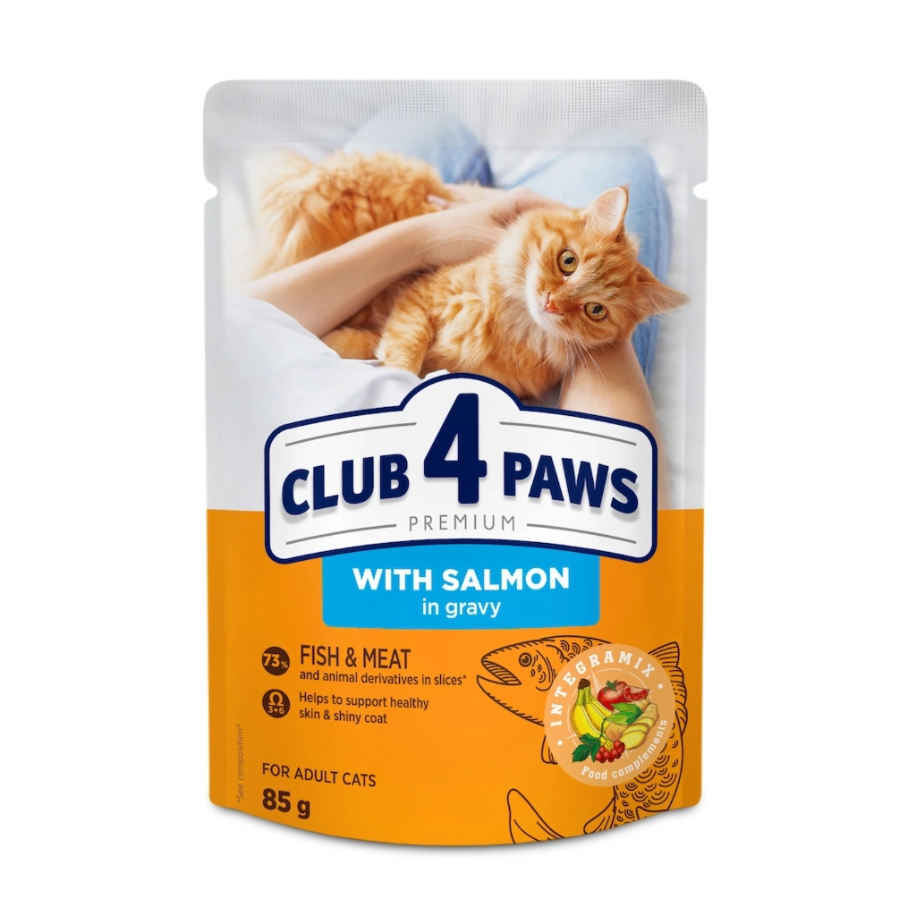 Вологий корм для кішок Club 4 Paws з лососем у соусі 85 г (4820269143616) - фото 1 Вологий корм для кішок Club 4 Paws з лососем у соусі 85 г (4820269143616) - фото 1