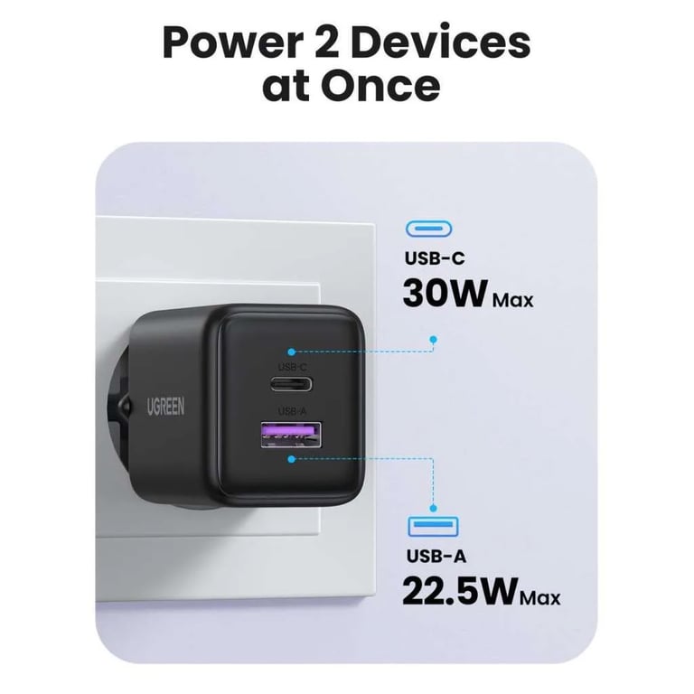 Зарядний пристрій Ugreen USB + USB-C GaN 30W X516 black (65014) - фото 2