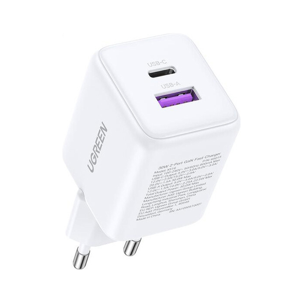 Зарядний пристрій Ugreen USB + USB-C GaN 30W X516 white (65015) - фото 2 Зарядний пристрій Ugreen USB + USB-C GaN 30W X516 white (65015) - фото 2