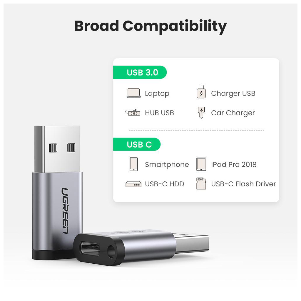 Перехідник USB 3.0 AM to USB-C F gray Ugreen (50533) - фото 2 Перехідник USB 3.0 AM to USB-C F gray Ugreen (50533) - фото 2