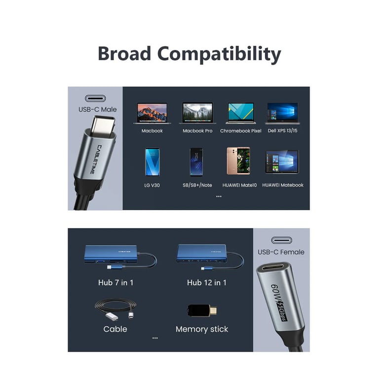 Дата кабель USB-C M/F 0.5m 5Gbps 60W 4K60Hz Cabletime (CA913664) - фото 8