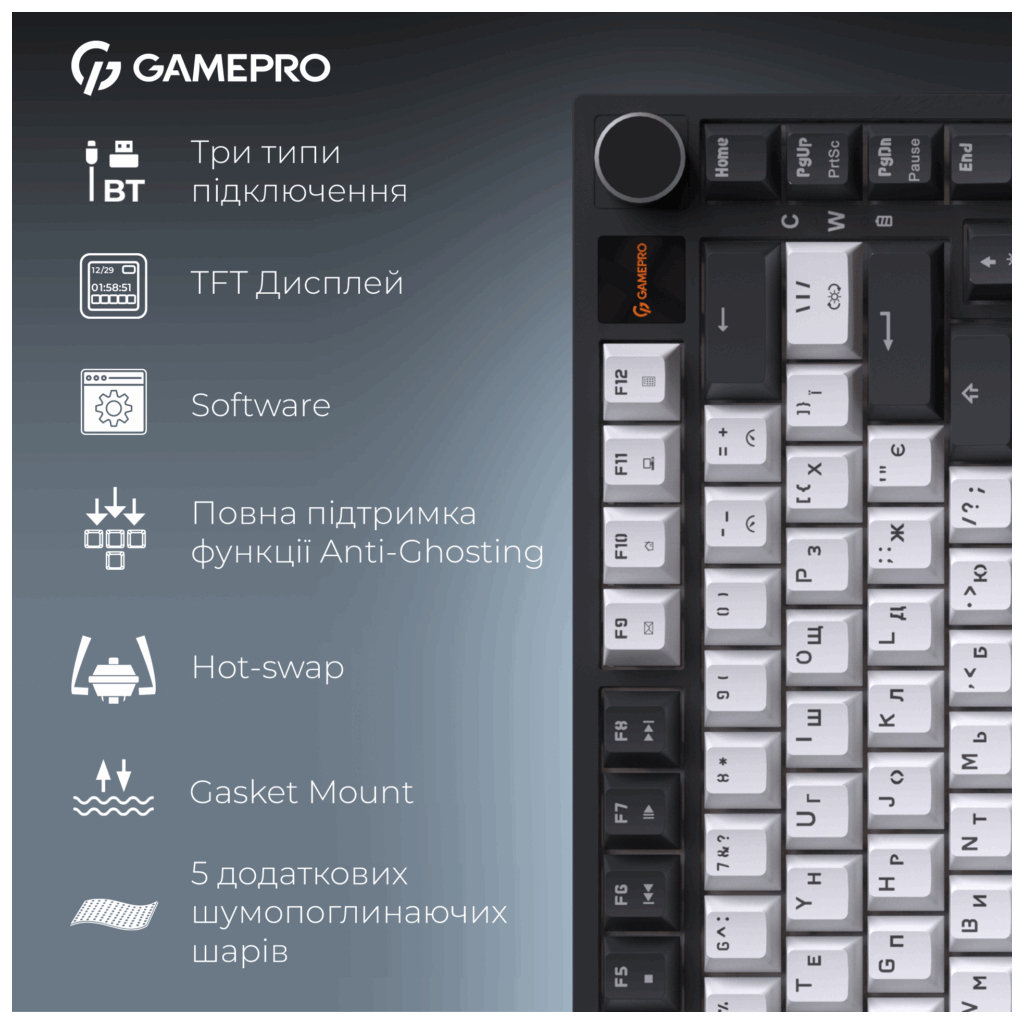 Клавіатура GamePro Asgard Valhalla Pro MK160B-D-Pro Rainy Switch Wireless/Bluetooth/USB UA Black (MK160B-D-Pro) - фото 12 Клавіатура GamePro Asgard Valhalla Pro MK160B-D-Pro Rainy Switch Wireless/Bluetooth/USB UA Black (MK160B-D-Pro) - фото 12