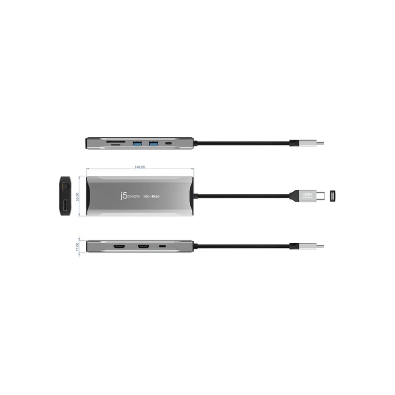 Концентратор J5create USB-C 9-in-1 2xUSB 3.2 + 2xUSB-C PD + 2xHDMI 4K + DisplayPort + SD/TF + RJ45 1000Mbps gray (JCD397-N) - фото 5