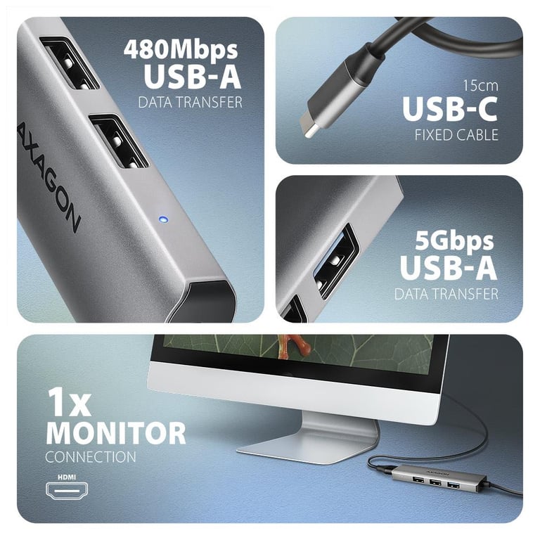 Концентратор AXAGON USB-C to 3xUSB-A + HDMI 0.15m gray (HMC-H3A) - фото 3