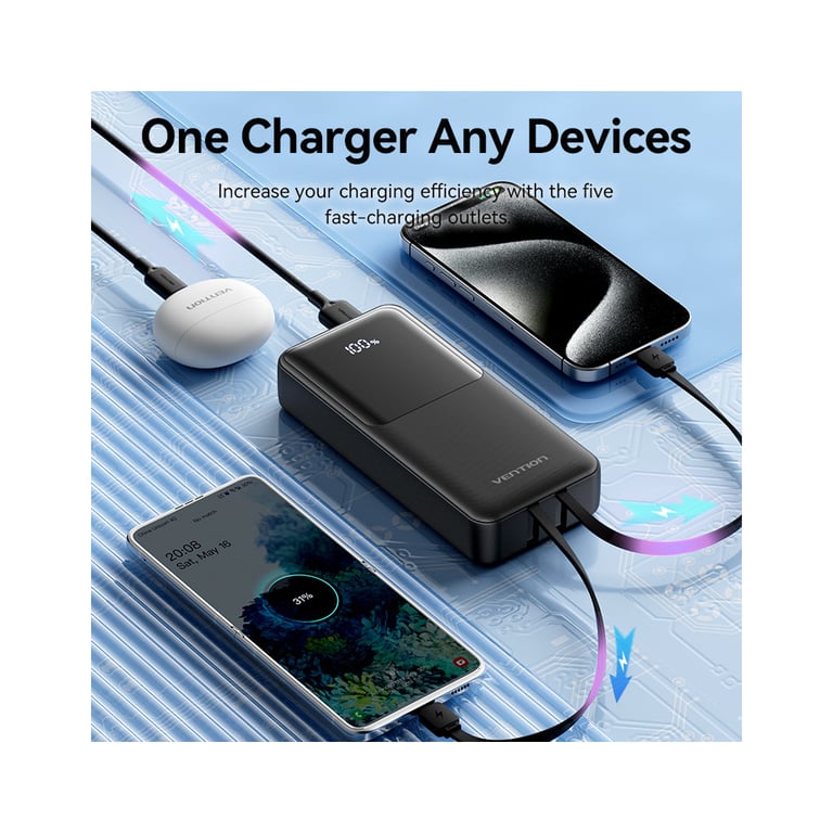 Батарея універсальна Vention 20000 mAh 22.5W with Built-in USB-C and Lightning Cables (FHPB0) - фото 7