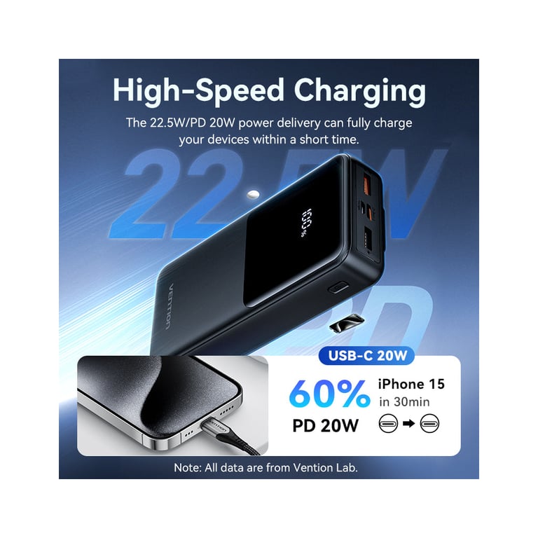 Батарея універсальна Vention 20000 mAh 22.5W with Built-in USB-C and Lightning Cables (FHPB0) - фото 9