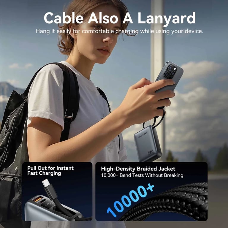 Батарея універсальна Vention 20000 mAh 45W Mini with Built-in USB-C Cable Gray (FHGH0) - фото 4