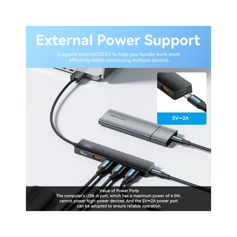 Концентратор Vention USB to 4xUSB 3.2 Gen2 + USB-C 10Gbps 0.15m black (CHOBB) - фото 5