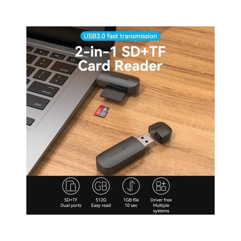 Зчитувач флеш-карт Vention USB 3.0 to SD+TF Black Dual Drive Letter (CLGB0) - фото 5