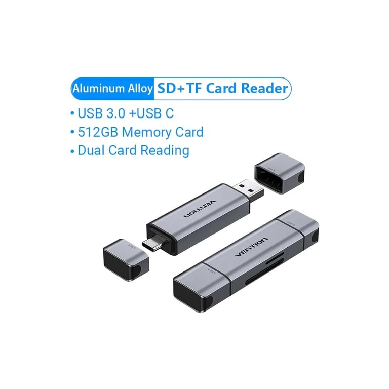 Зчитувач флеш-карт Vention USB 3.0 AM/USB-C to SD+TF Gray Dual Drive Letter Aluminum Alloy (CLLH0) - фото 3