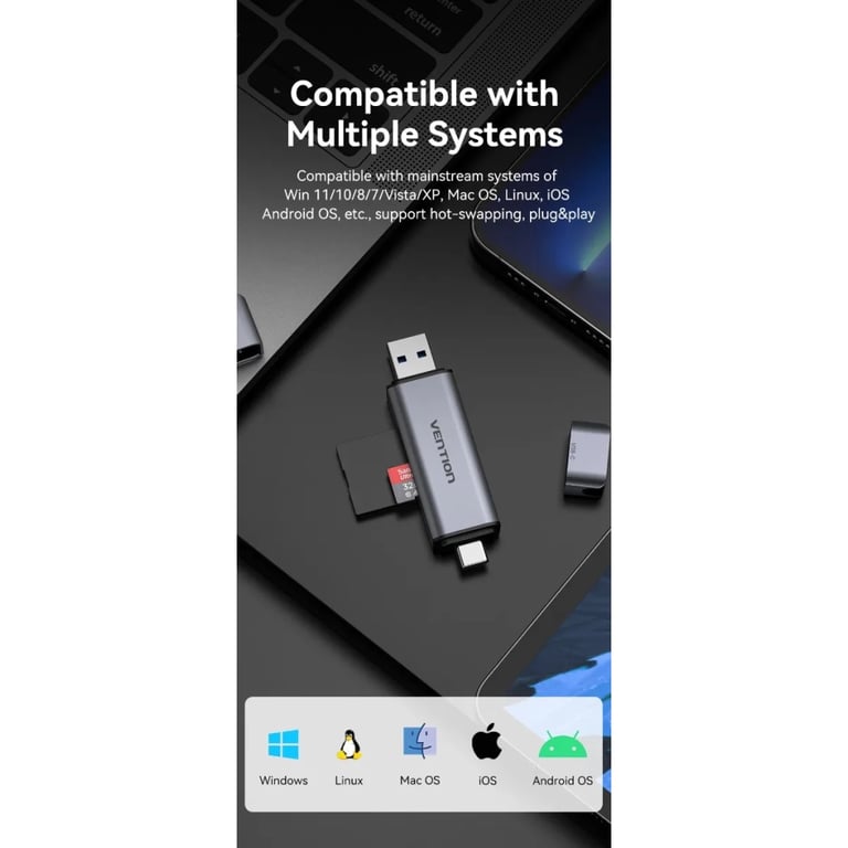 Зчитувач флеш-карт Vention USB 3.0 AM/USB-C to SD+TF Gray Dual Drive Letter Aluminum Alloy (CLLH0) - фото 8
