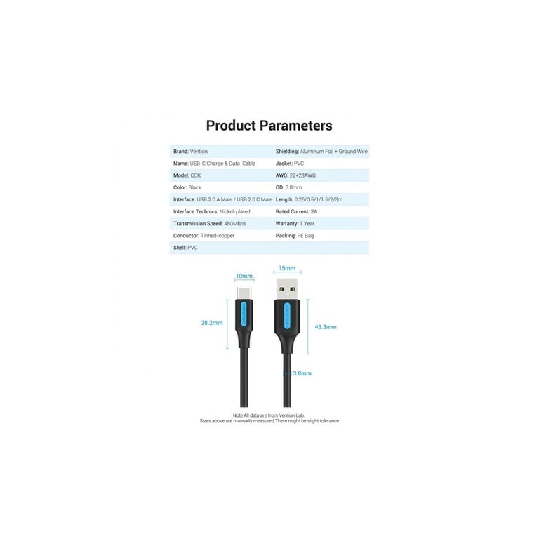 Дата кабель USB 2.0 AM to USB-C 1.5m 3A black Vention (COKBG) - фото 5