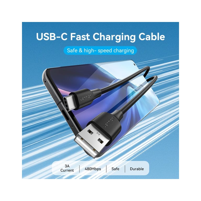 Дата кабель USB 2.0 AM to USB-C 1.0m 3A black Vention (CTHBF) - фото 2