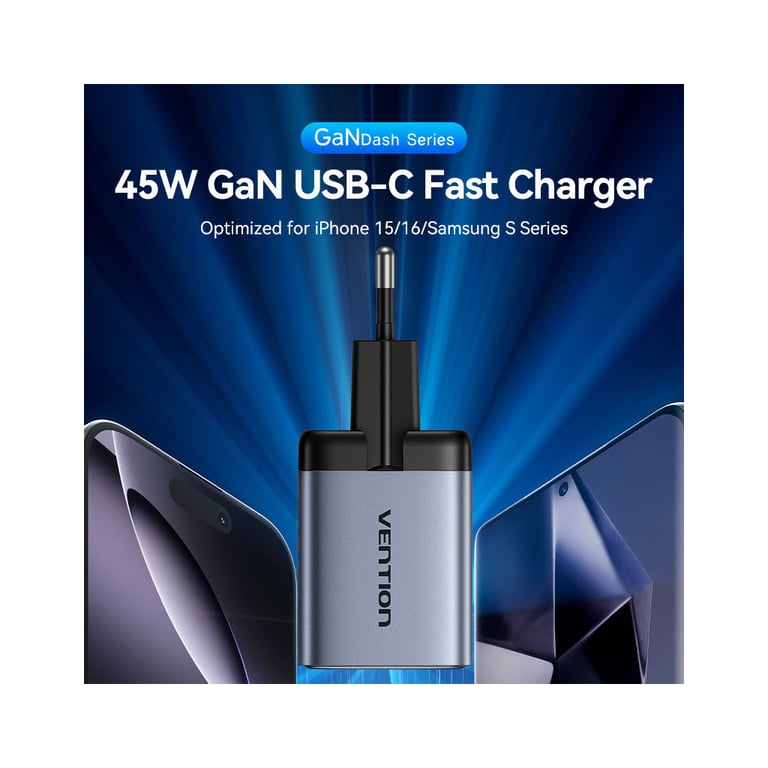 Зарядний пристрій Vention 2xUSB-C PD45W GaN transparent gray (FCFH0-EU) - фото 2