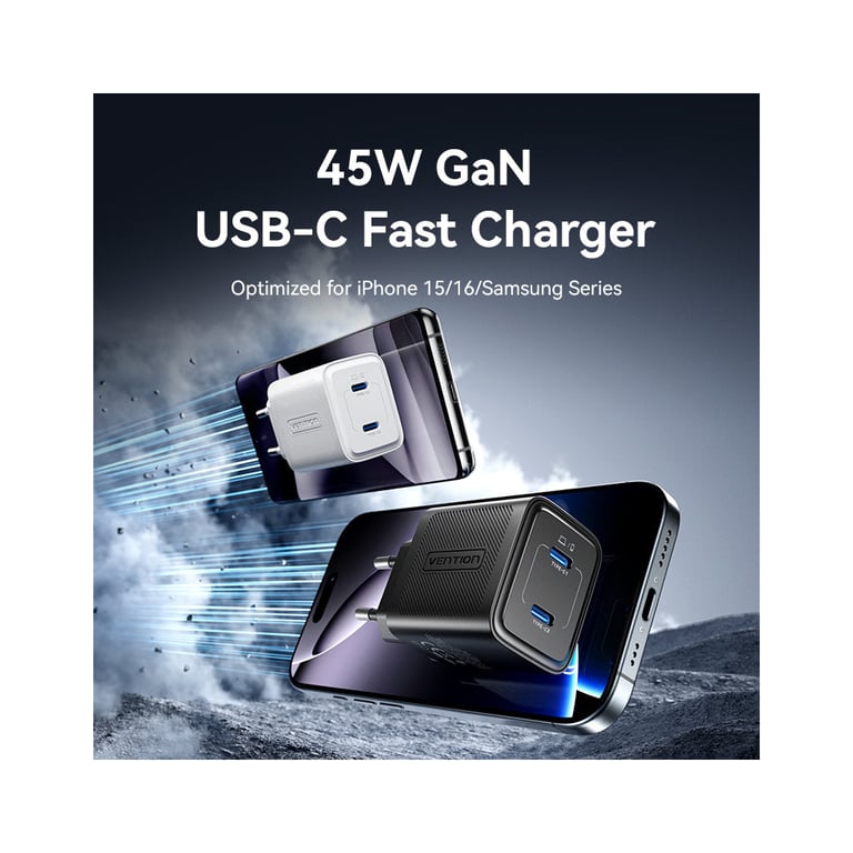 Зарядний пристрій Vention 2xUSB-C PD45W GaN transparent white (FCFW0-EU) - фото 2
