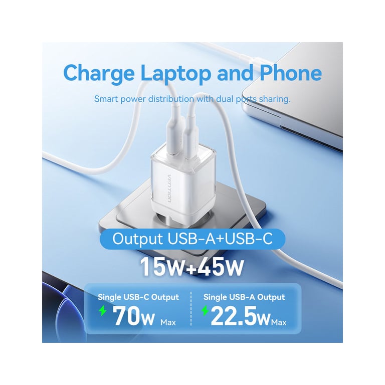 Зарядний пристрій Vention 1xUSB-C PD70W + 1xUSB QC3.0 22.5W GaN transparent gray (FCGH0-EU) - фото 8