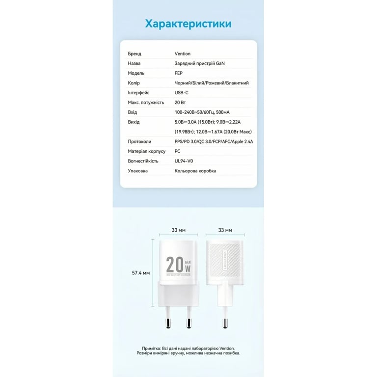 Зарядний пристрій Vention USB-C PD20W GaN white (FEPW0-EU) - фото 10